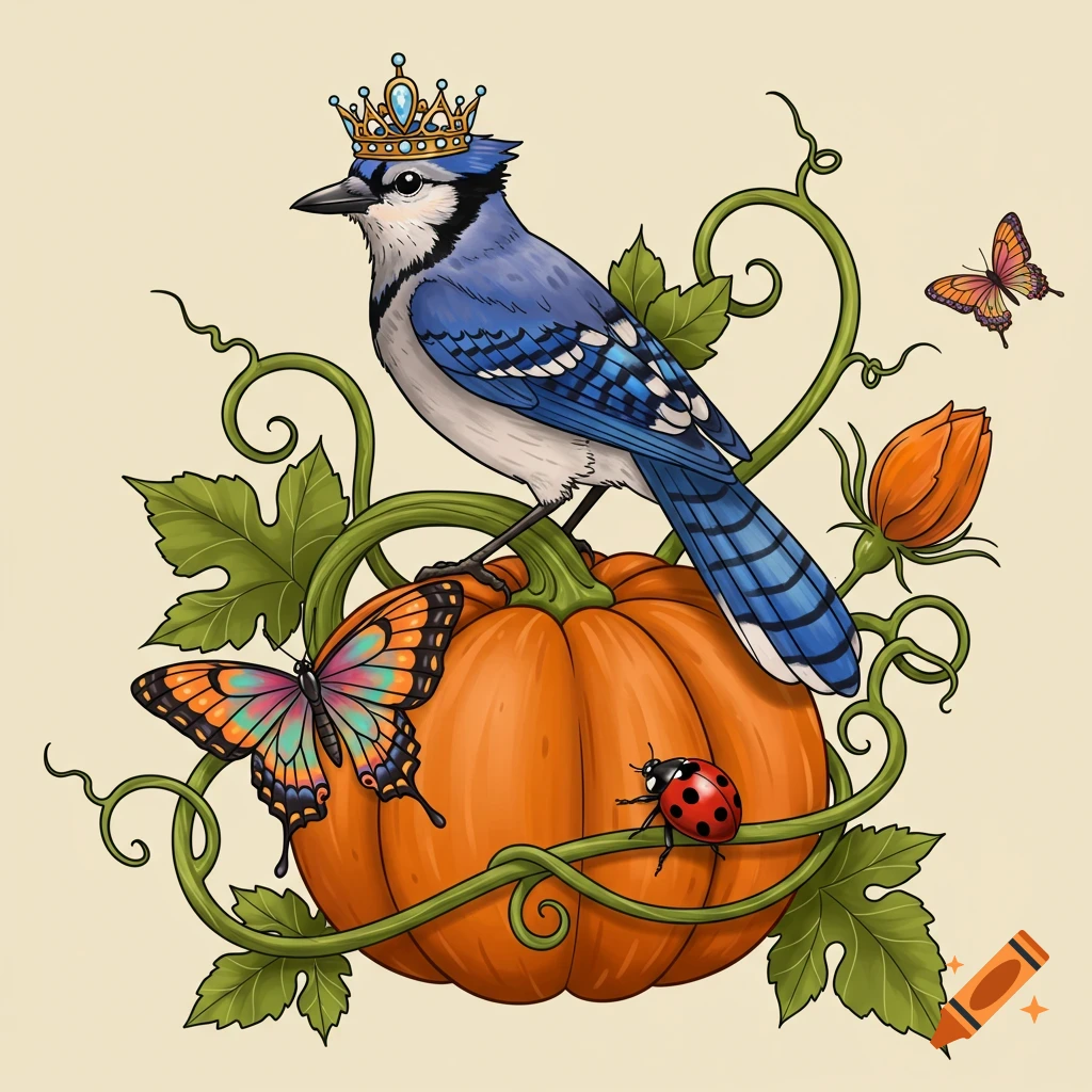 A neotraditional illustration of a crowned blue jay sitting on a pumpkin with vines, butterflies, and a ladybug.