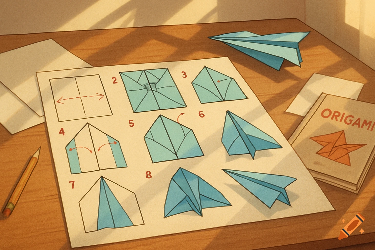 An illustrated overhead view of a wooden desk with paper airplane folding instructions, several blue paper airplanes, a pencil, and an 'ORIGAMI' book.