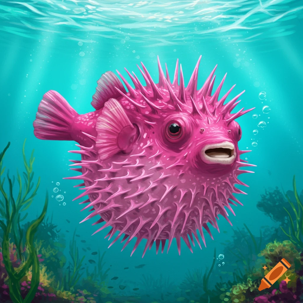 A bright pink pufferfish with spikes swims in clear blue ocean water above a vibrant coral reef, digital illustration.