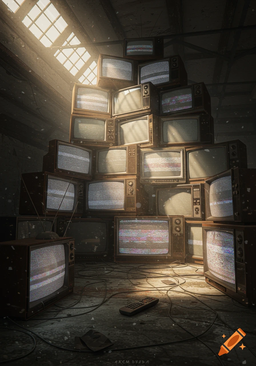 A tall stack of vintage CRT televisions with static on their screens, bathed in light from a high window in a dusty room with cables and a remote on the floor.