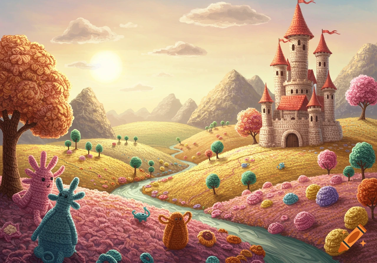 A colorful fantasy landscape made of crochet, featuring a large castle, rolling hills, a winding river, various trees, and whimsical crochet creatures.