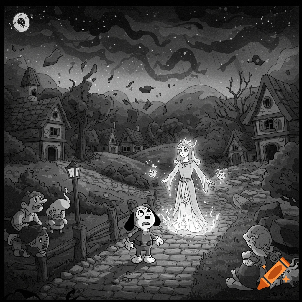 A whimsical black-and-white cartoon scene of a village with a glowing queen-like figure on a cobblestone path, observed by a cartoon dog and other villagers.
