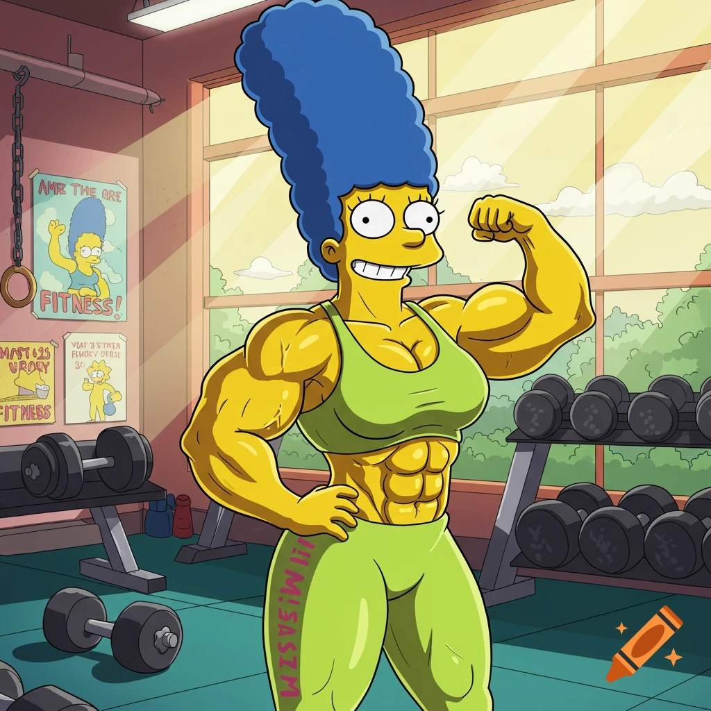 Marge Simpson, a muscular yellow cartoon character with blue hair, flexes in a gym wearing a green sports bra and leggings.