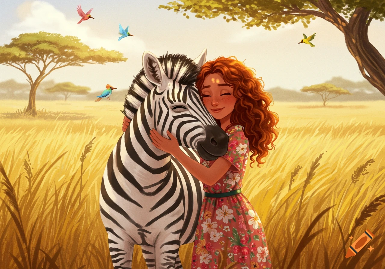 A cartoon-style illustration of a girl with red curly hair hugging a zebra in a golden savanna, with colorful birds flying.