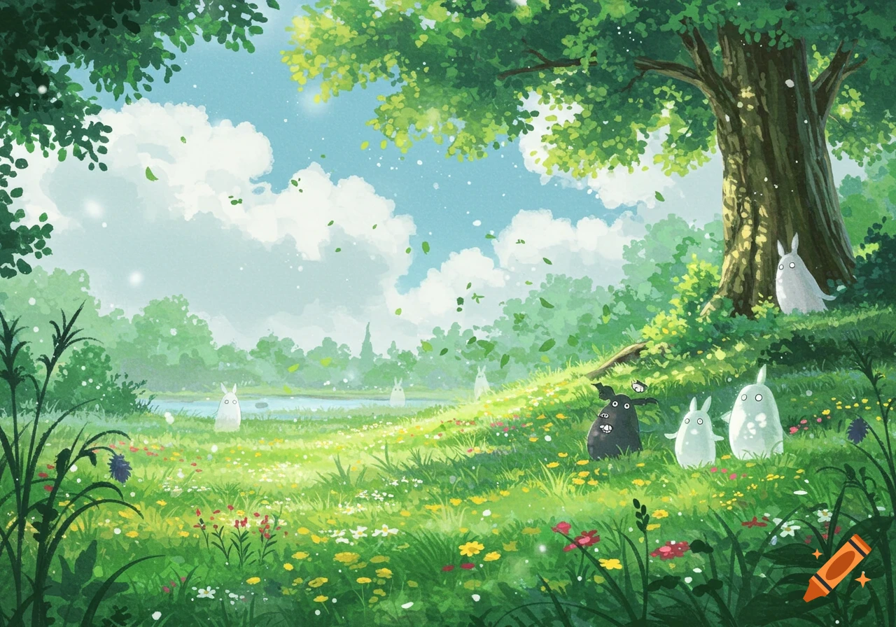 Animated-style forest landscape with a large tree, a lush green meadow with wildflowers, a pond, and various whimsical, white and black creatures resembling Totoros.