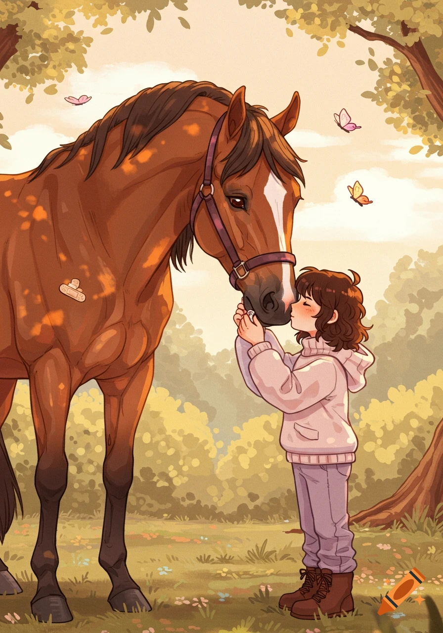 A cute cartoon drawing of a person kissing a horse's nose, which has a band-aid on its side, in a sunny field with butterflies.