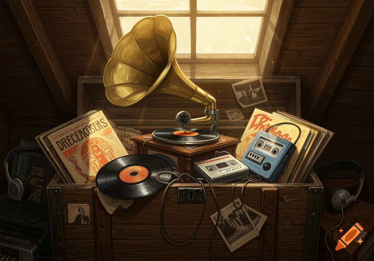 A golden gramophone with a black record sits atop a wooden chest filled with vinyl records, cassette players, and old photographs, bathed in sunlight from an attic window.