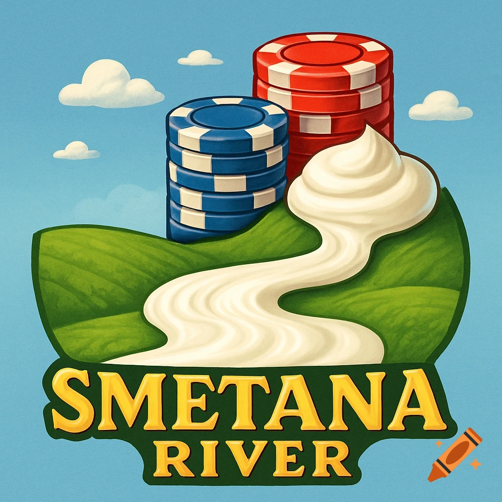 A stylized logo featuring green hills with a white, creamy river flowing through them. Two stacks of red and blue poker chips rise from the hills under a blue sky with white clouds. The text "SMETANA RIVER" is at the bottom in gold font.