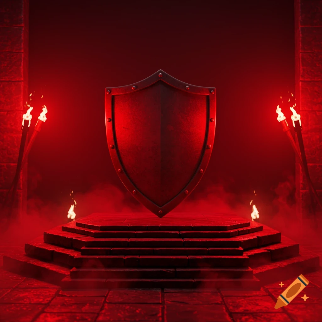 A dark, red-lit scene with a large metal shield on a stone platform, flanked by flaming torches, in a mysterious, misty chamber.