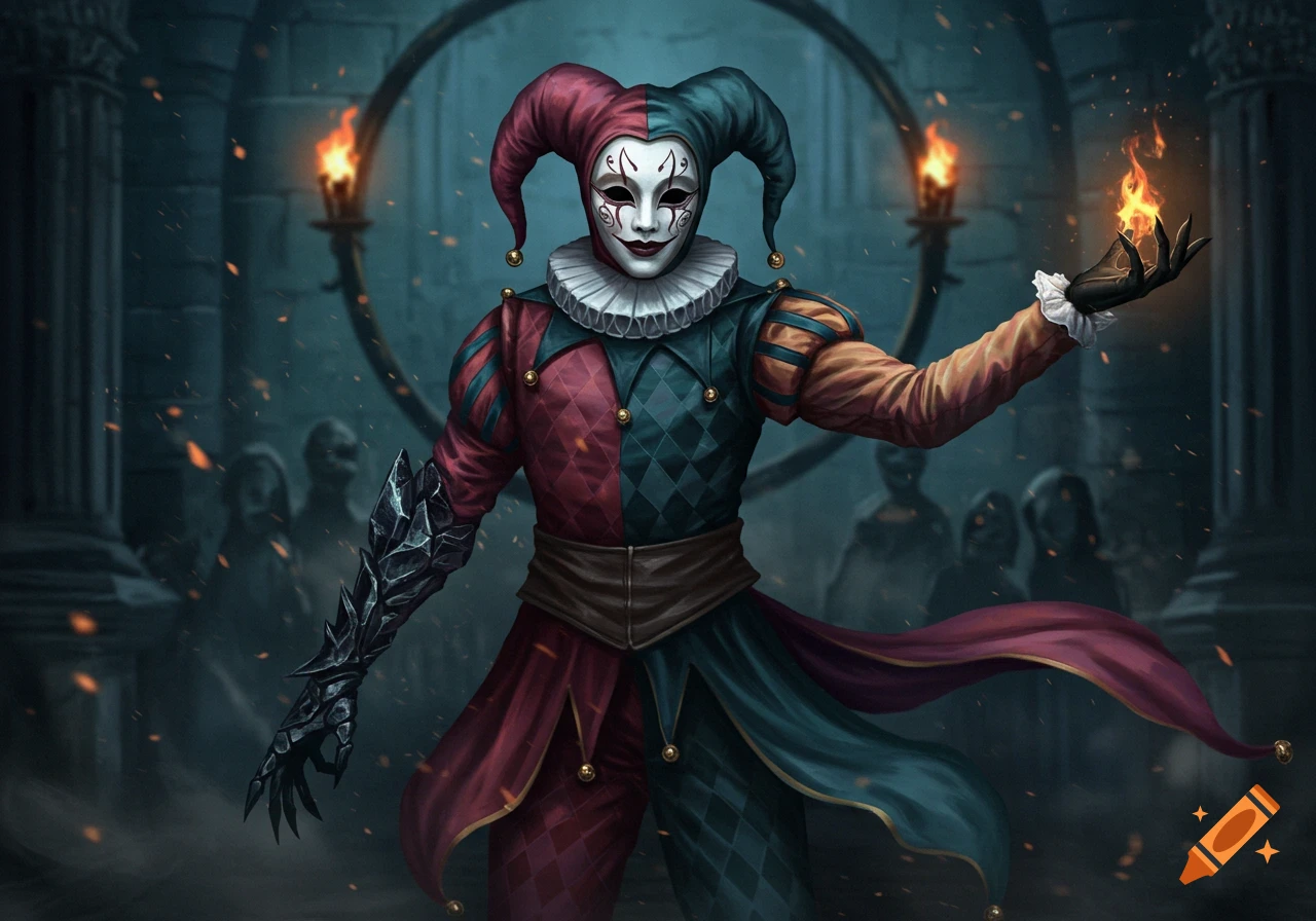 A dark fantasy illustration of a jester wearing a white mask and a red and teal harlequin suit, with a spiky, clawed left arm and holding fire in their right hand, standing in a dim, ancient hall.