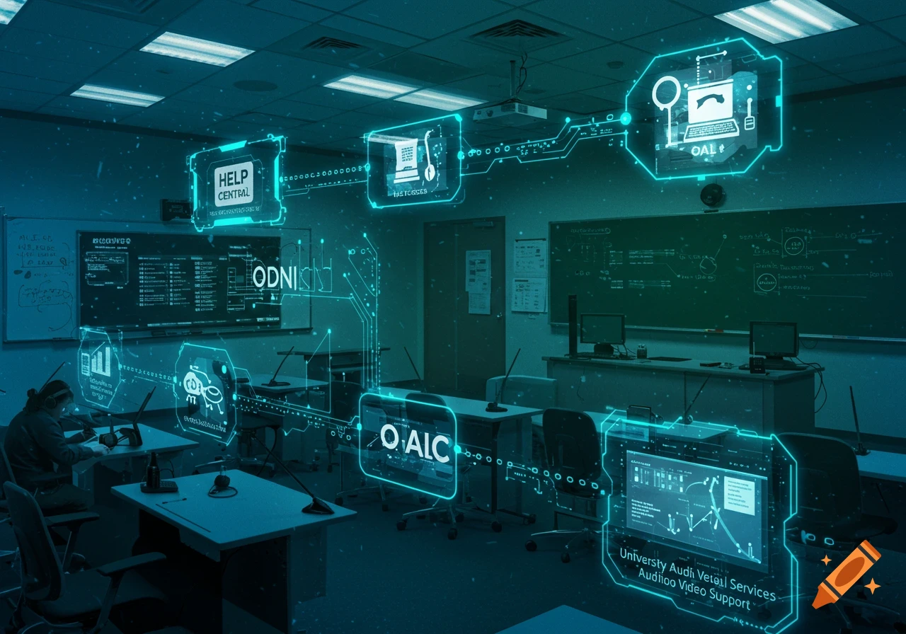 A classroom with a student at a desk, overlaid with glowing blue holographic user interfaces and data pathways representing help desk and support services.