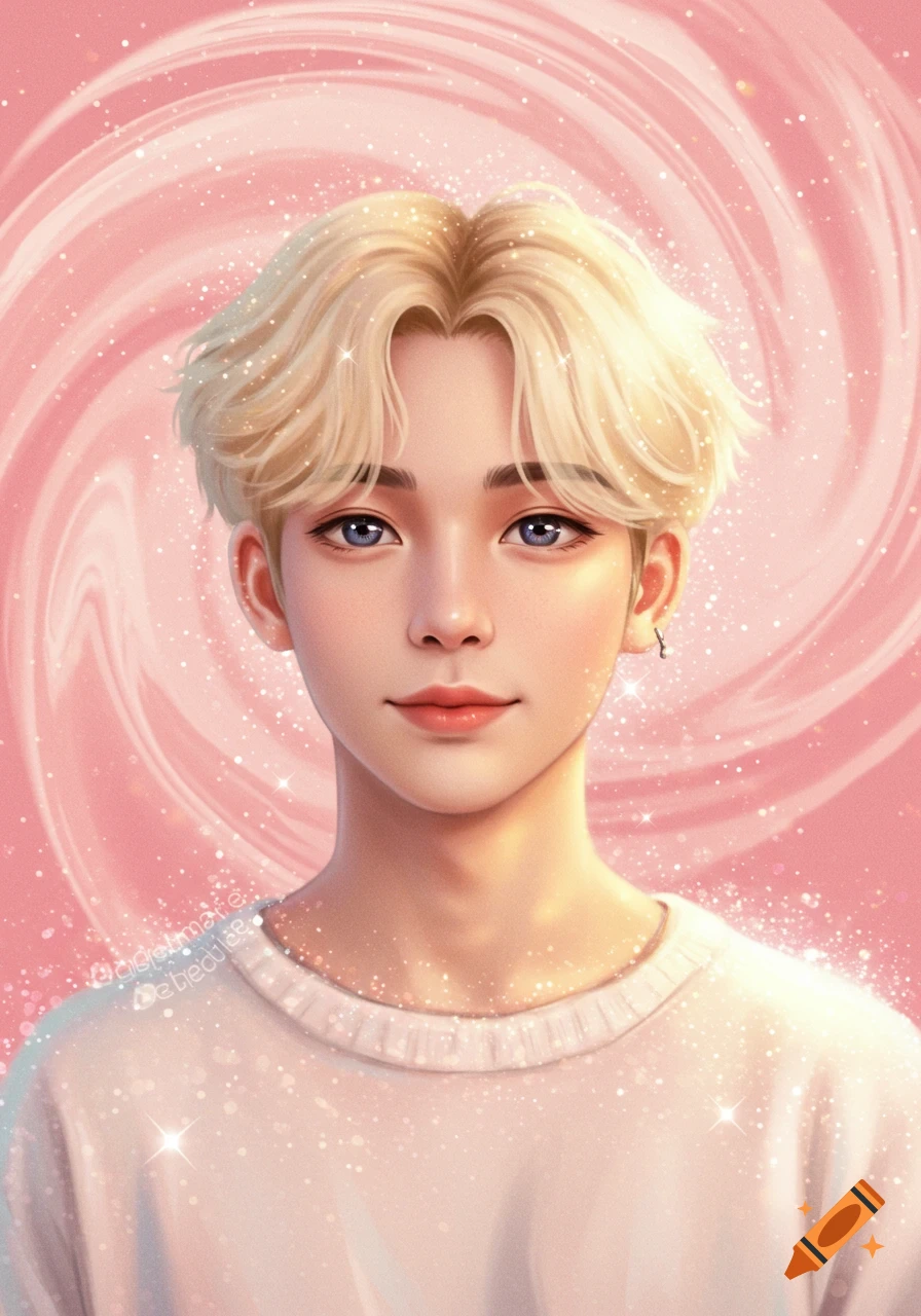 Dreamy portrait of a boy with blond hair and blue eyes, against a pink swirl background with sparkles.