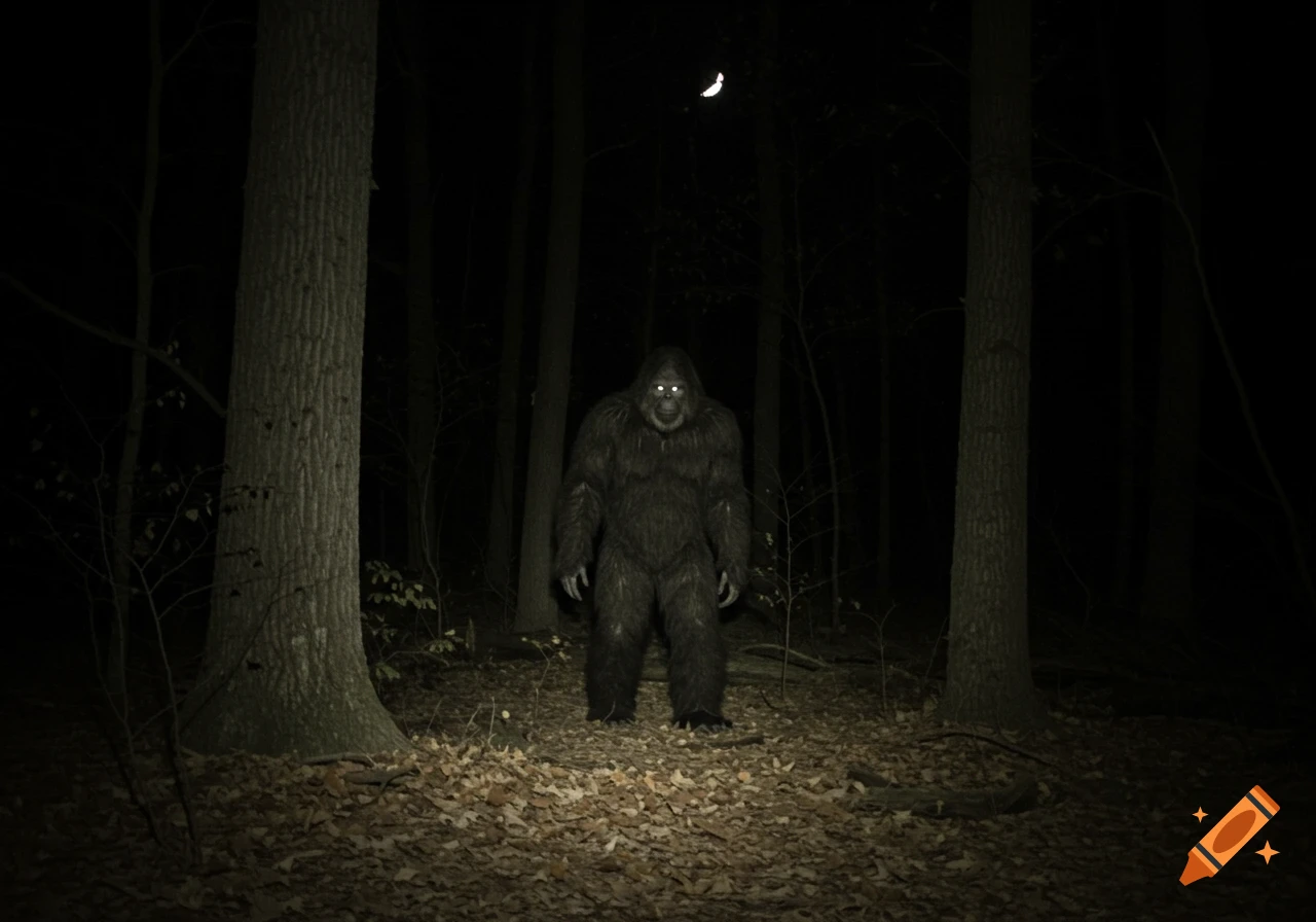 A photorealistic Bigfoot stands in a dark forest at night