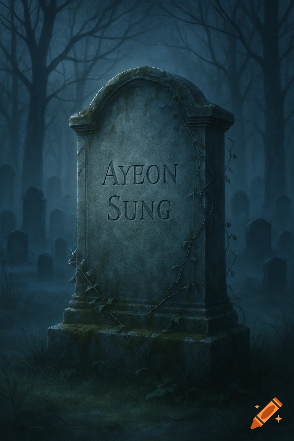 A dark, eerie tombstone with 'AYEON SUNG' inscribed on it, standing in a foggy graveyard at night with bare trees.