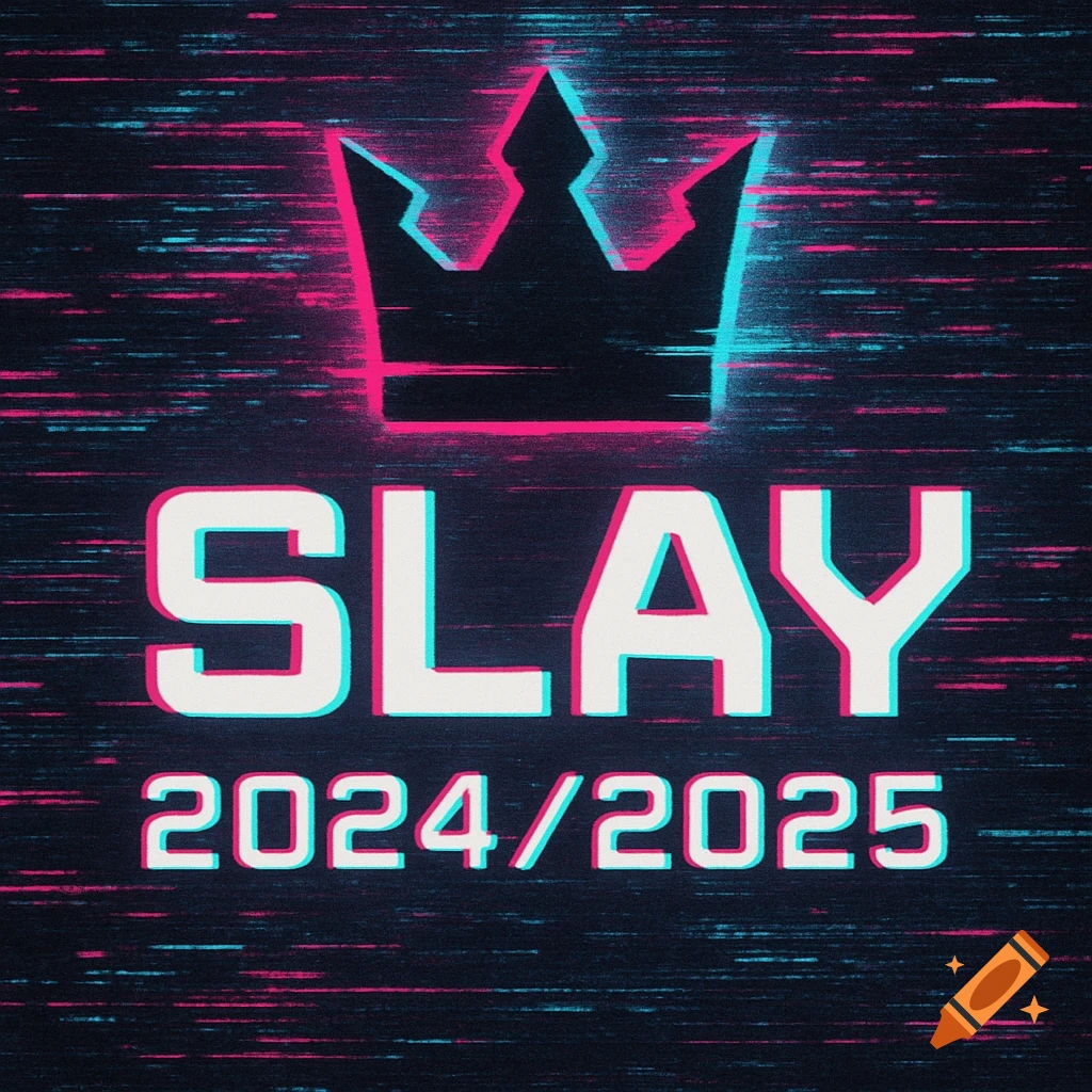 A digital art image with a black crown silhouette and the words "SLAY 2024/2025" in white, all featuring neon pink and cyan glitch effects, against a dark background with horizontal pink and cyan static lines.
