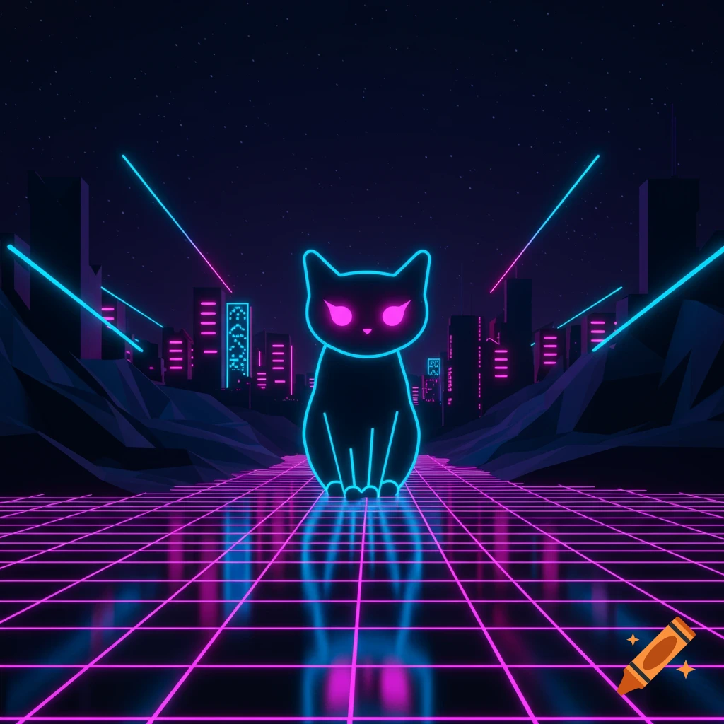 A neon blue outline of a cat with pink eyes sits on a glowing grid road in a futuristic city at night, lit by vibrant pink and blue lights.
