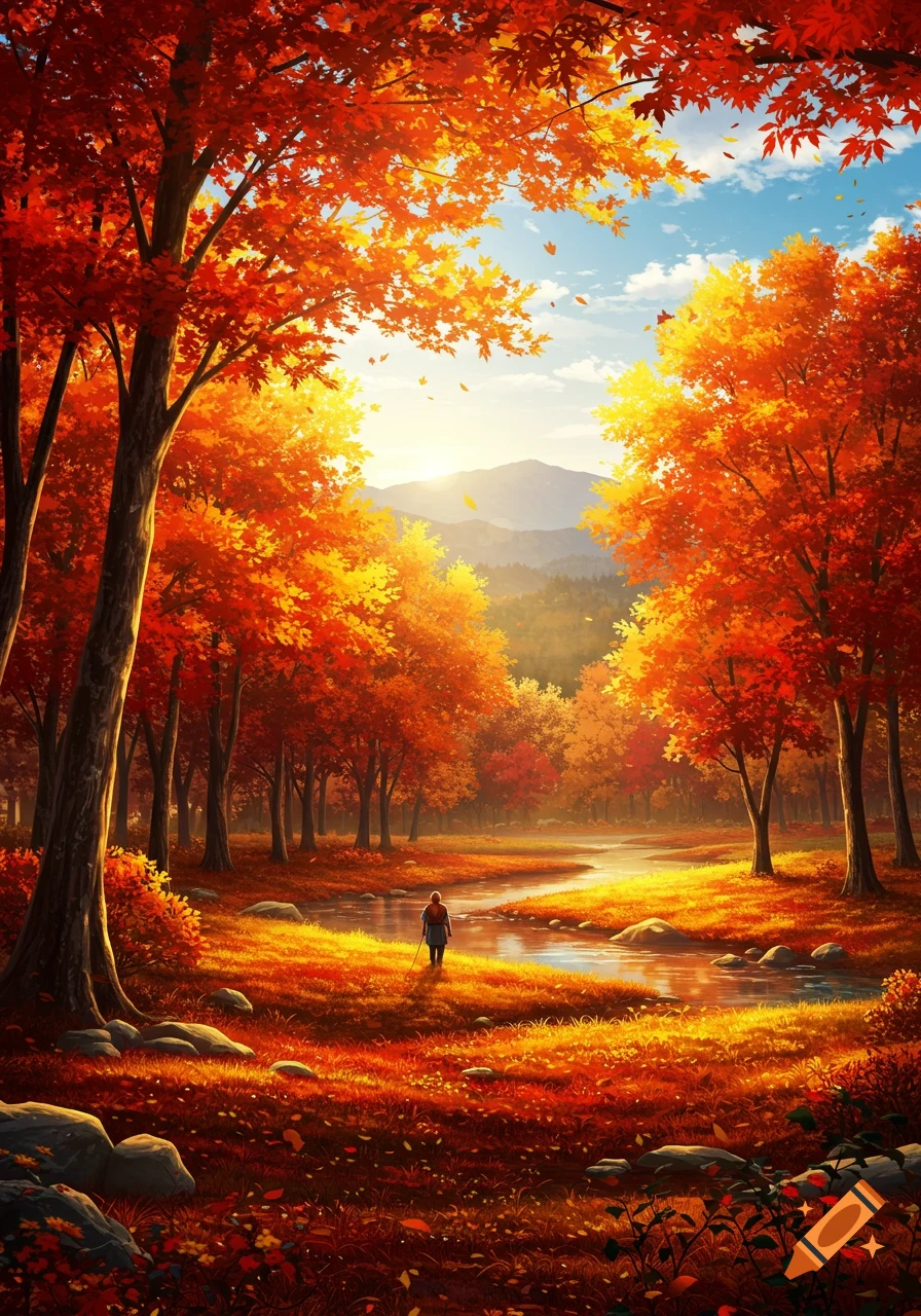 A vibrant autumn landscape with a person walking by a river, surrounded by trees with red and orange leaves under a bright sky.
