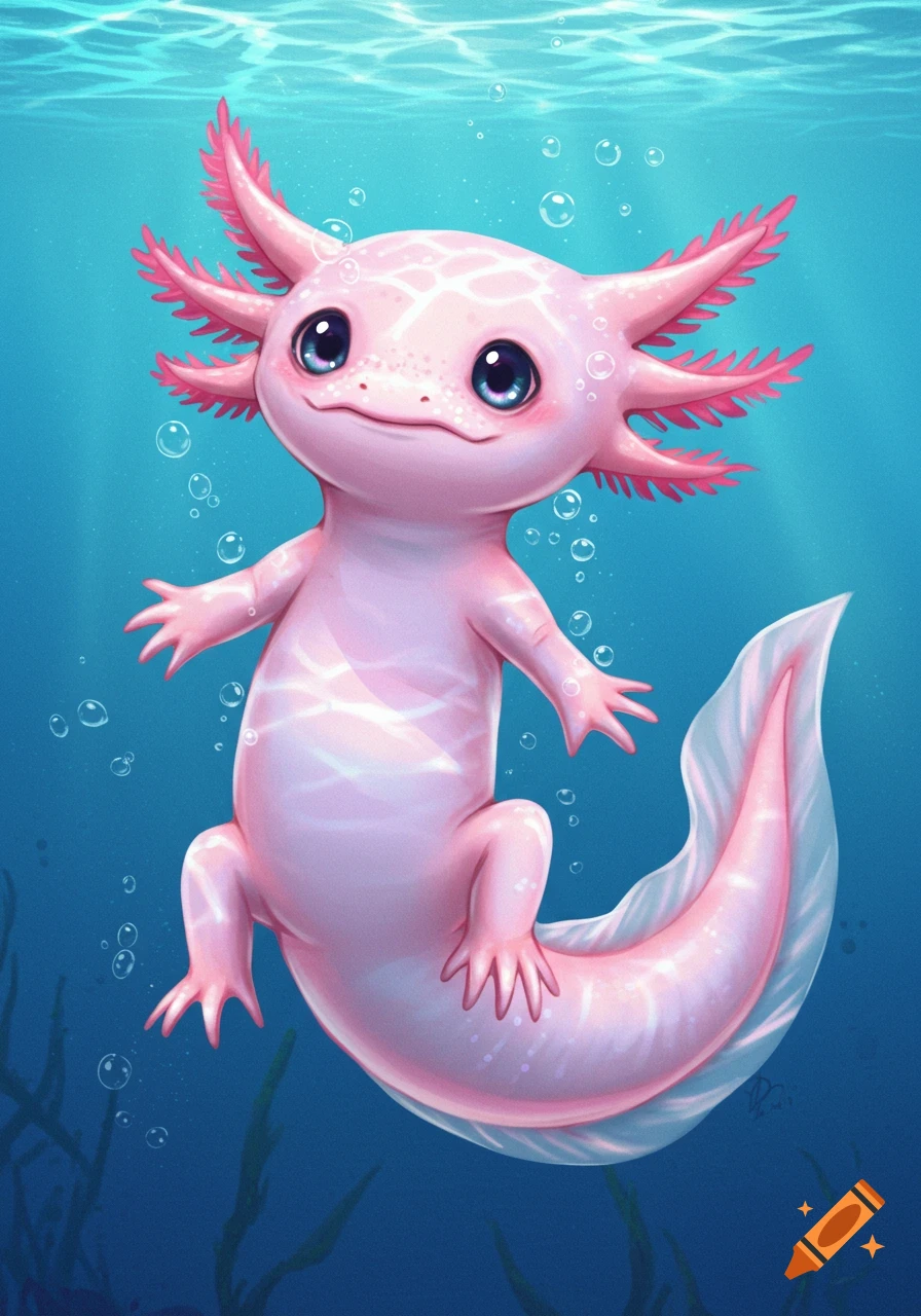 A cute, pink, stylized axolotl with large eyes swims in clear blue water with bubbles.
