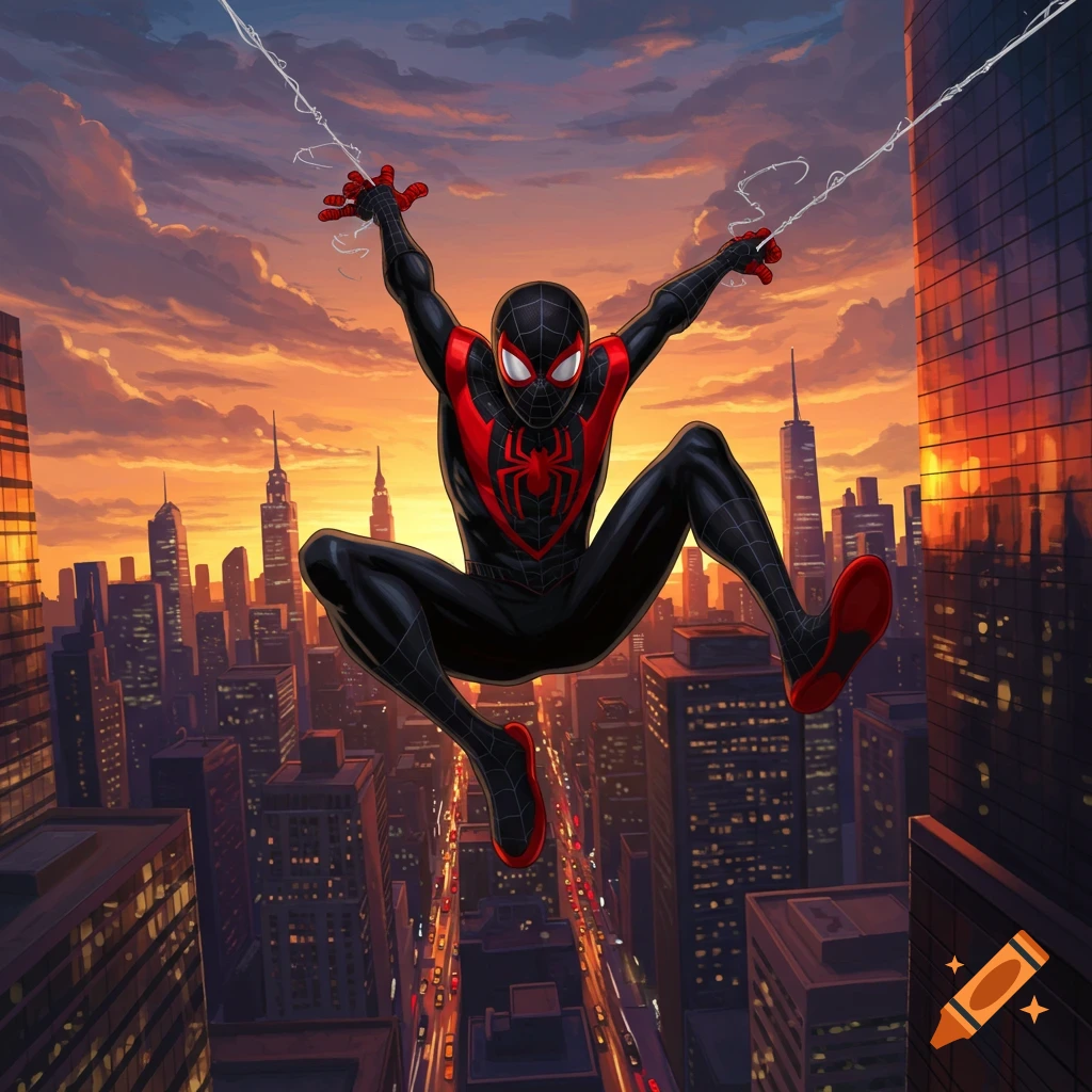 Miles Morales in a black and red Spider-Man suit swings above a cityscape at sunset in a comic book style.