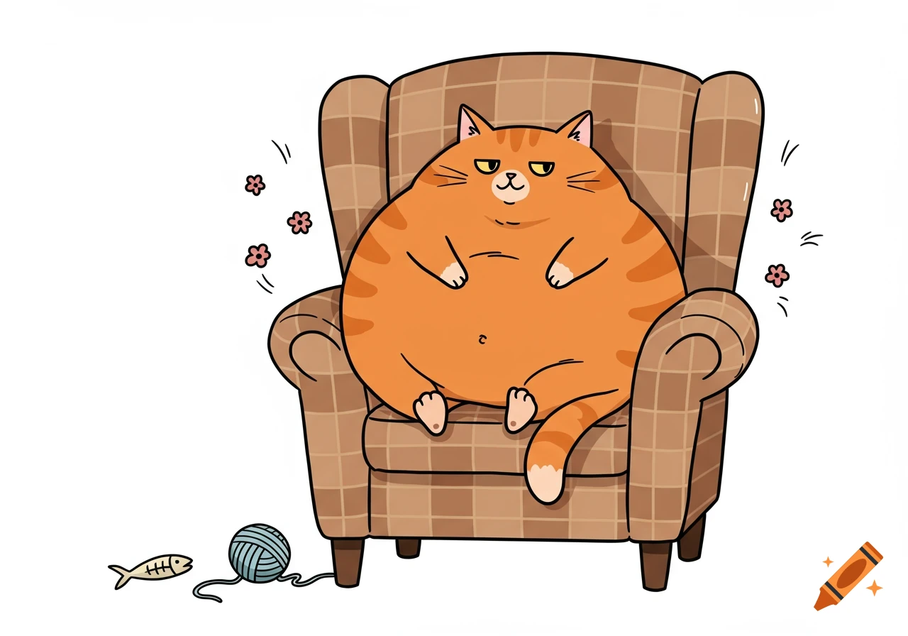 A cartoon fat orange cat sits in a brown plaid armchair, with a fishbone and yarn on the floor.