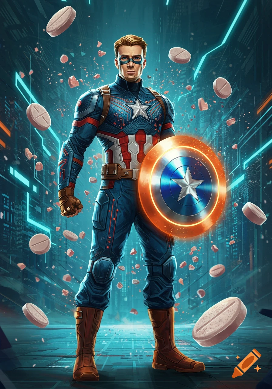 A superhero in a blue and red suit with a star, holding a glowing shield, surrounded by floating pills and neon lines in a futuristic city. Digital art.