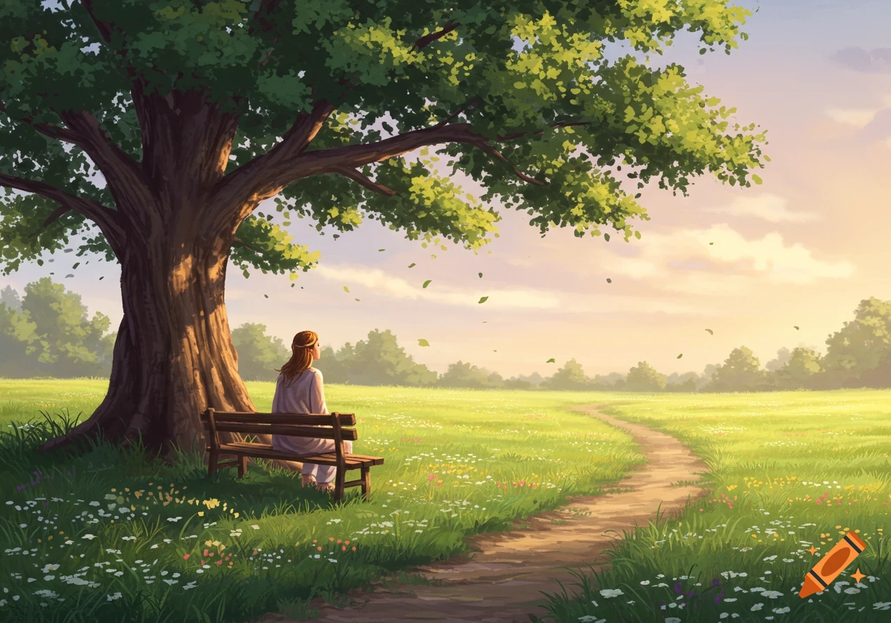 A person sits on a wooden bench under a large leafy tree, gazing at a sunlit green field with a winding dirt path.