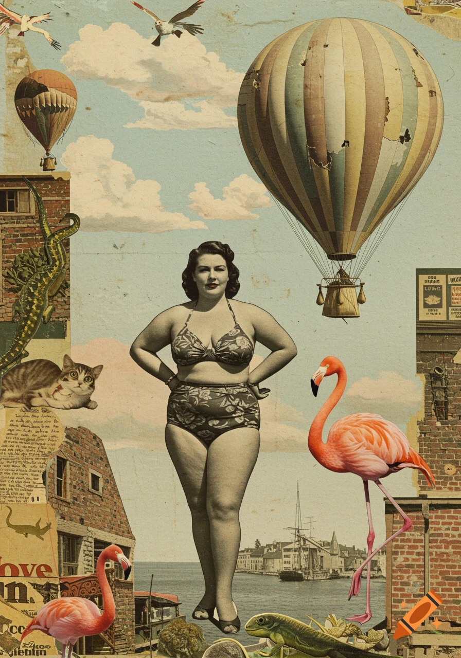 A vintage collage featuring a woman in a bikini, hot air balloons, flamingos, a cat, lizards, and buildings.