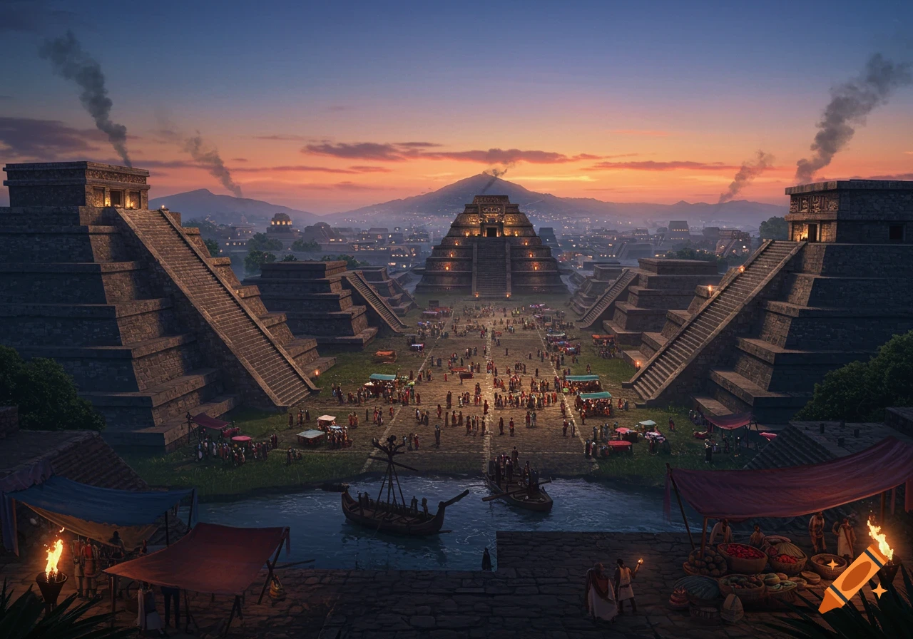 Vast ancient Aztec-like city at twilight with grand pyramids, a bustling market square, and boats on a river.