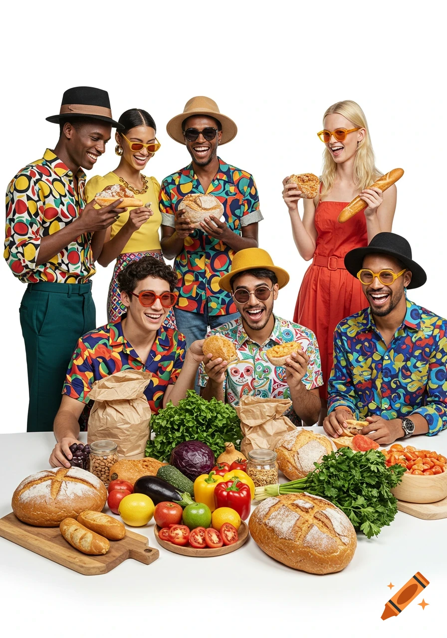 Six diverse friends in vibrant, patterned outfits and hats, happily gathered around a white table laden with fresh vegetables, bread, and groceries against a white background.