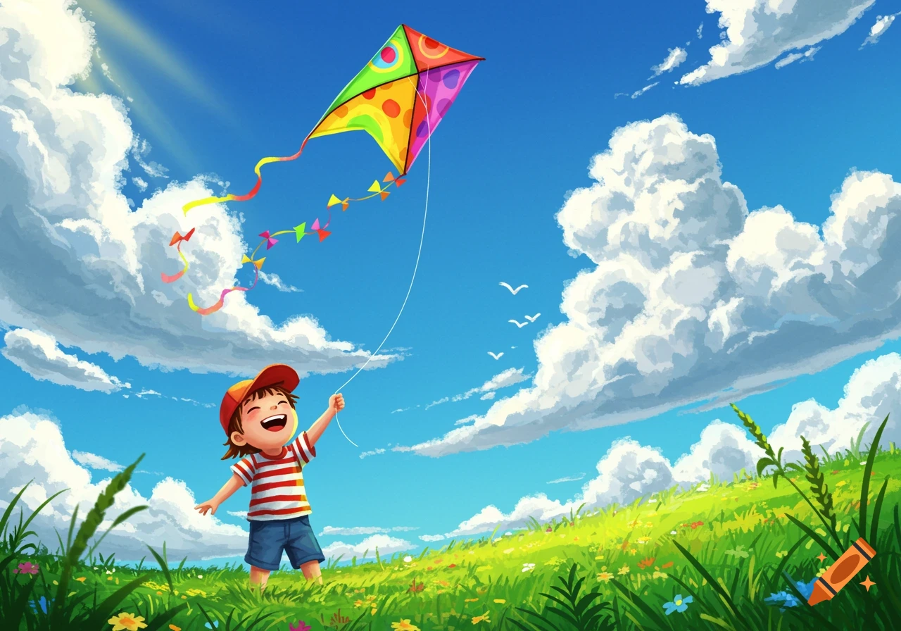 A joyful child flies a colorful kite in a vibrant green field under a bright blue sky with fluffy clouds.