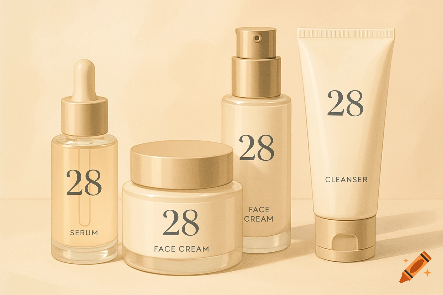 Four beige skincare products, including serum, face cream, and cleanser, with '28' brand text on a light background.
