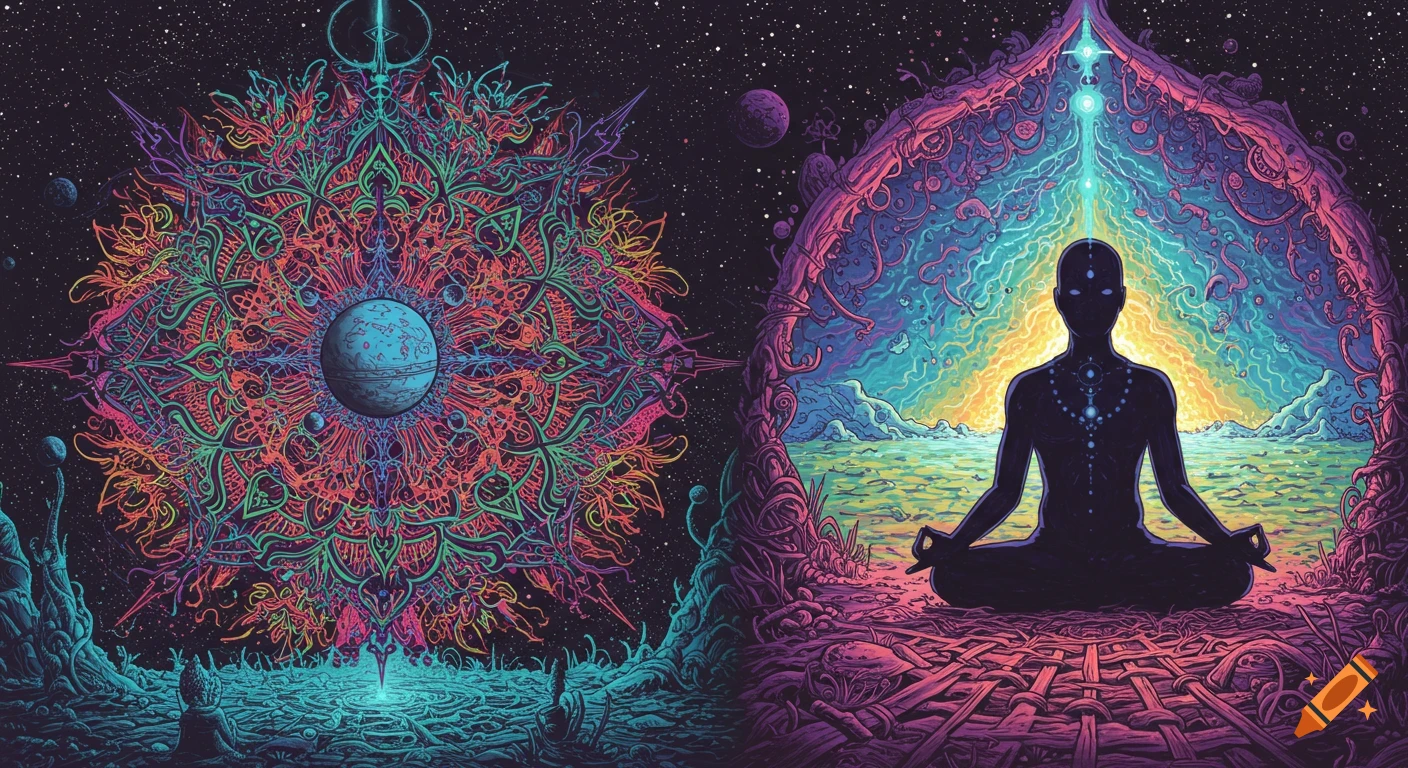 Psychedelic art with a meditating figure on the right and an exploding mandala with a planet on the left, set against a starry cosmic background.