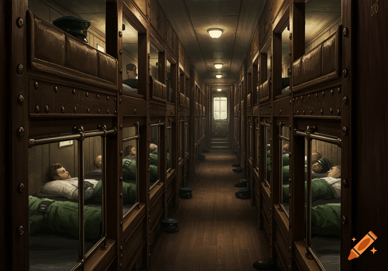 An illustration of a long, dark train car interior with rows of wooden bunk beds on either side, where men are sleeping.