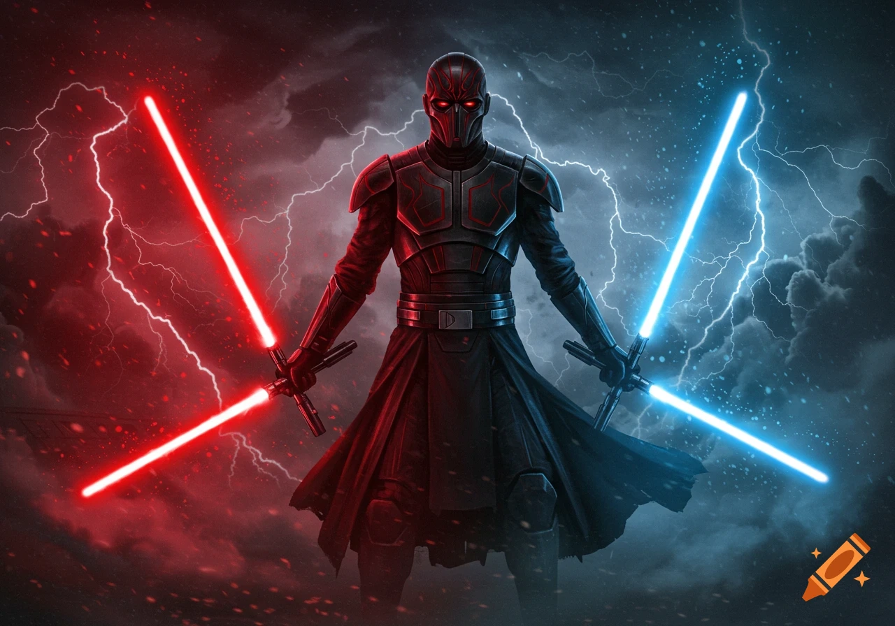 A masked, armored character resembling a Sith or Jedi stands against a stormy sky, wielding a red and a blue lightsaber.