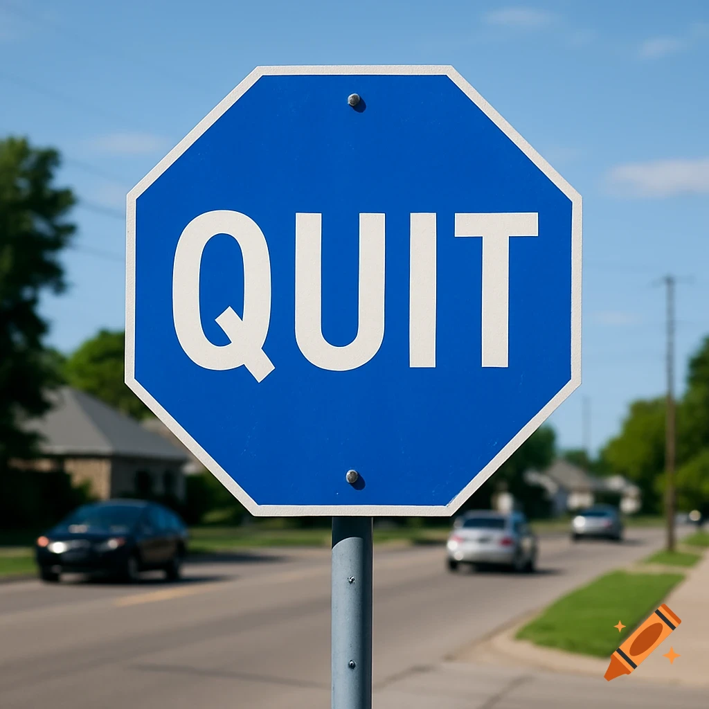 A blue octagonal sign with the word QUIT in white letters on a suburban street with blurred cars in the background.