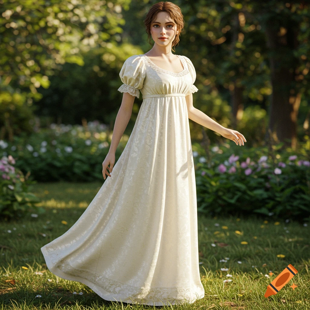 A woman in a cream-colored 1810s Regency gown stands in a sunlit garden, photorealistic.