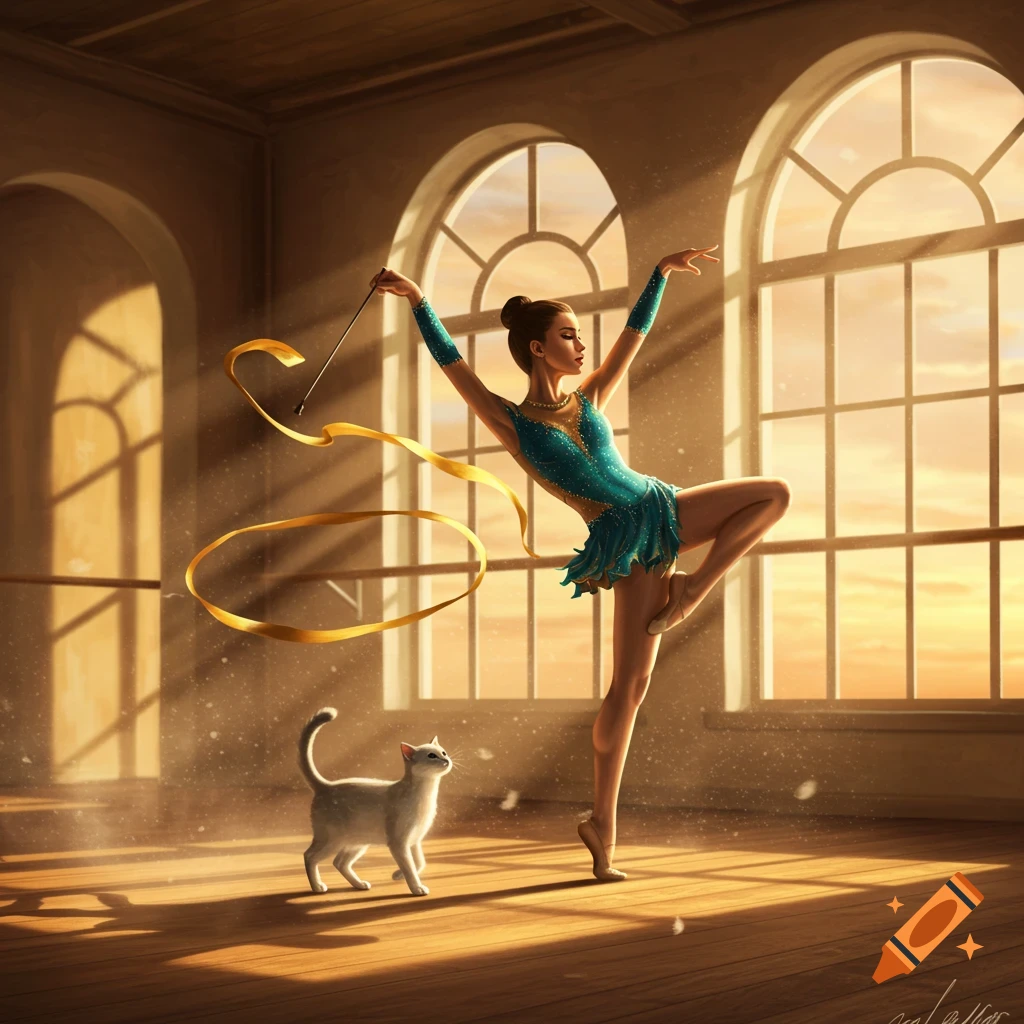 A realistic painting of a gymnast in a blue leotard performing with a golden ribbon in a sunlit studio, watched by a white cat.