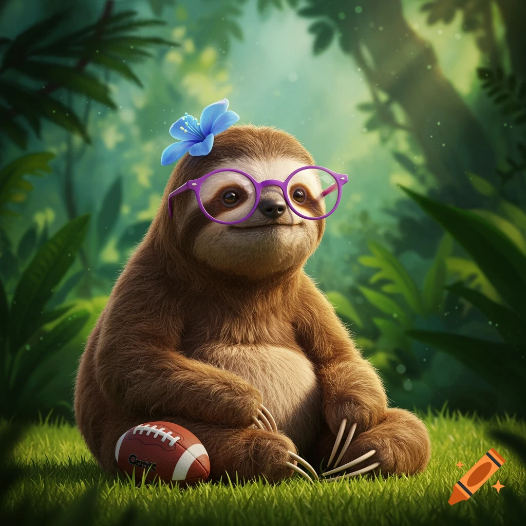 A charming cartoon sloth wearing purple glasses and a blue flower on its head, sitting on grass with a football in a lush jungle.