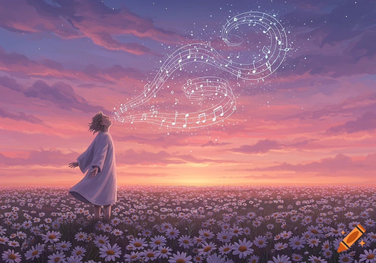 A person stands in a field of white flowers at sunset, with ethereal musical notes and sparkling lights emanating from their mouth into the purple and pink sky, in a dreamy art style.
