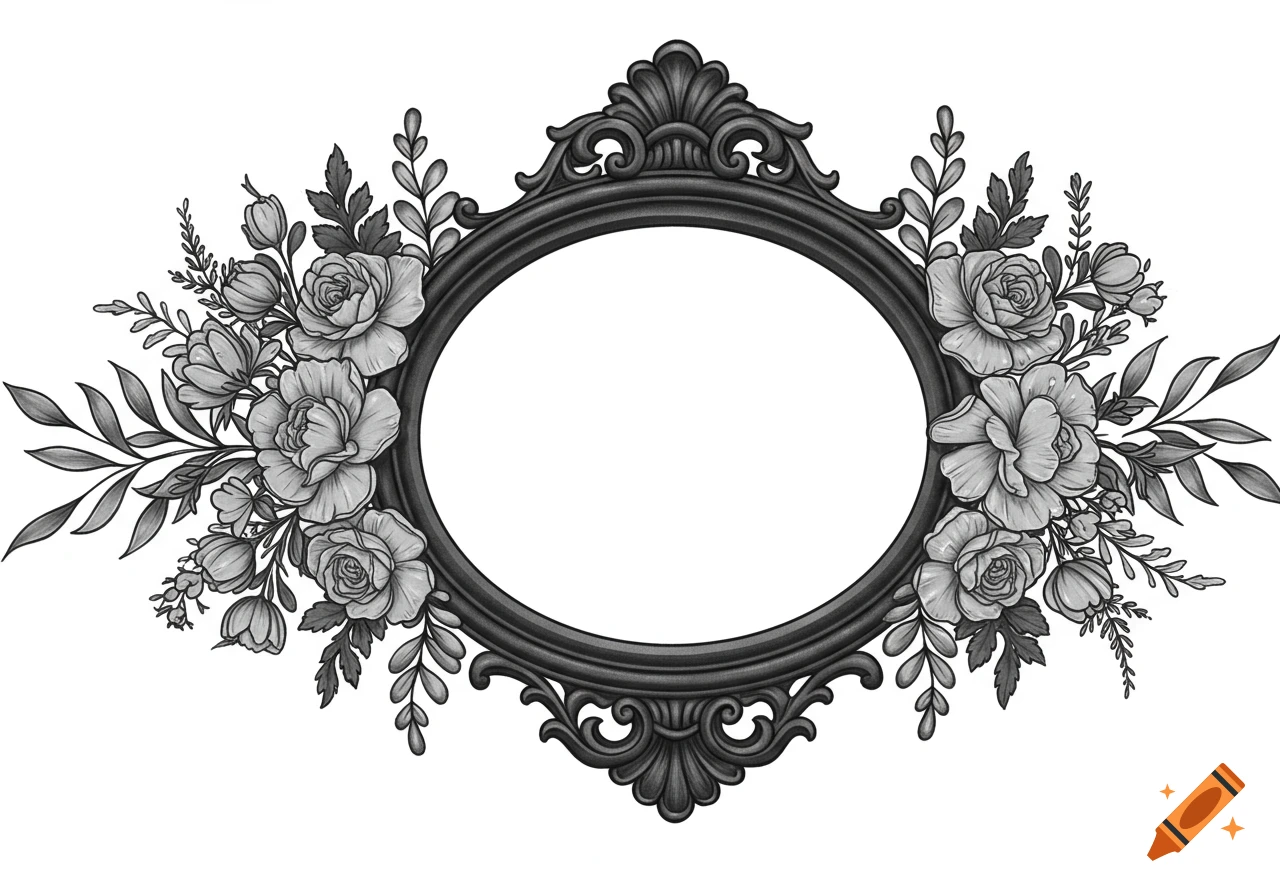 Black and gray ornate oval antique frame surrounded by roses, tulips, and leaves, in an illustrative tattoo design style.