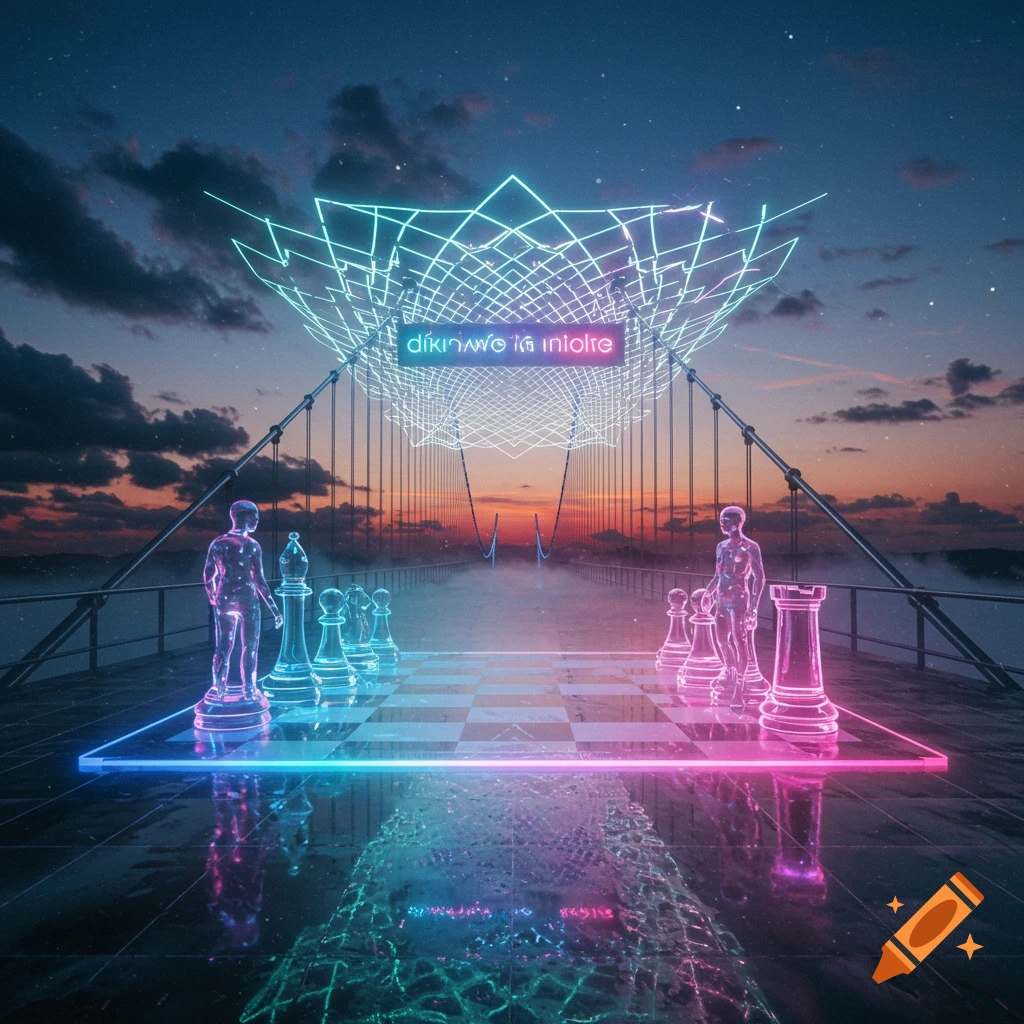 A futuristic chess game on a neon-lit bridge with transparent players, under a starry sunset sky.