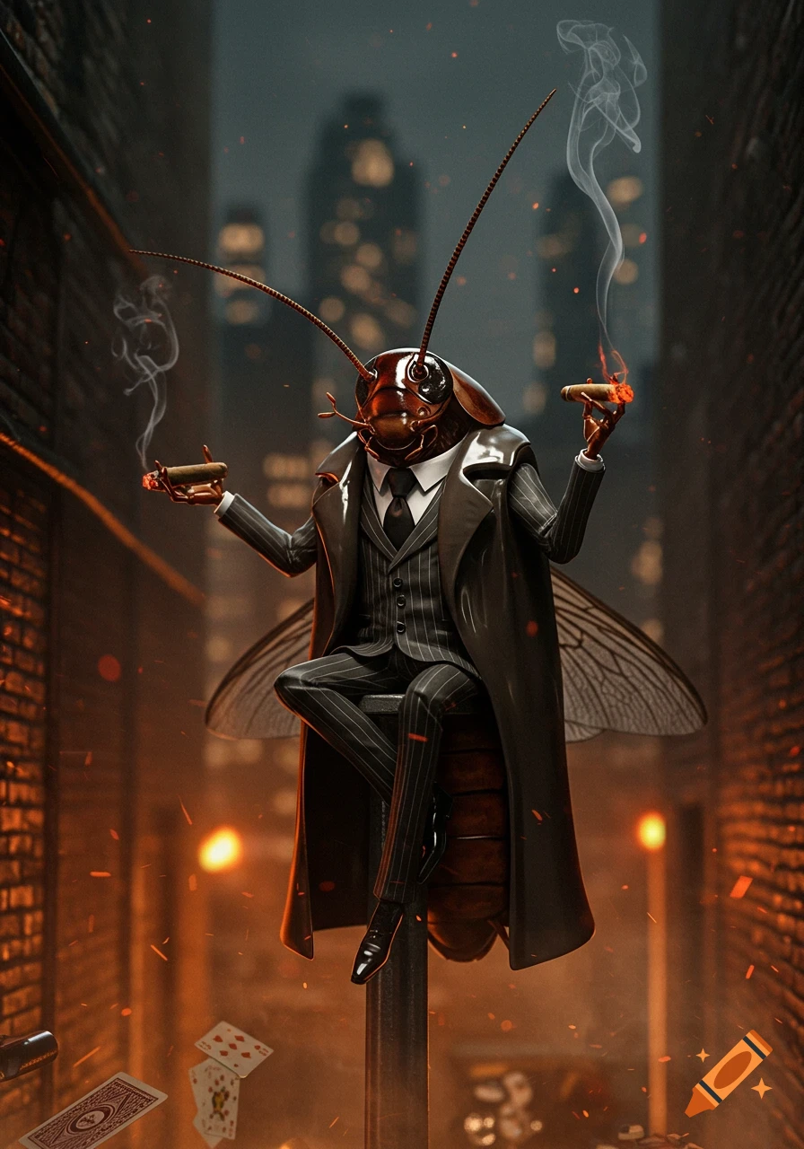 Photorealistic image of a dapper cockroach mafia boss in a suit and trench coat, smoking cigars in a dark city alley with playing cards.