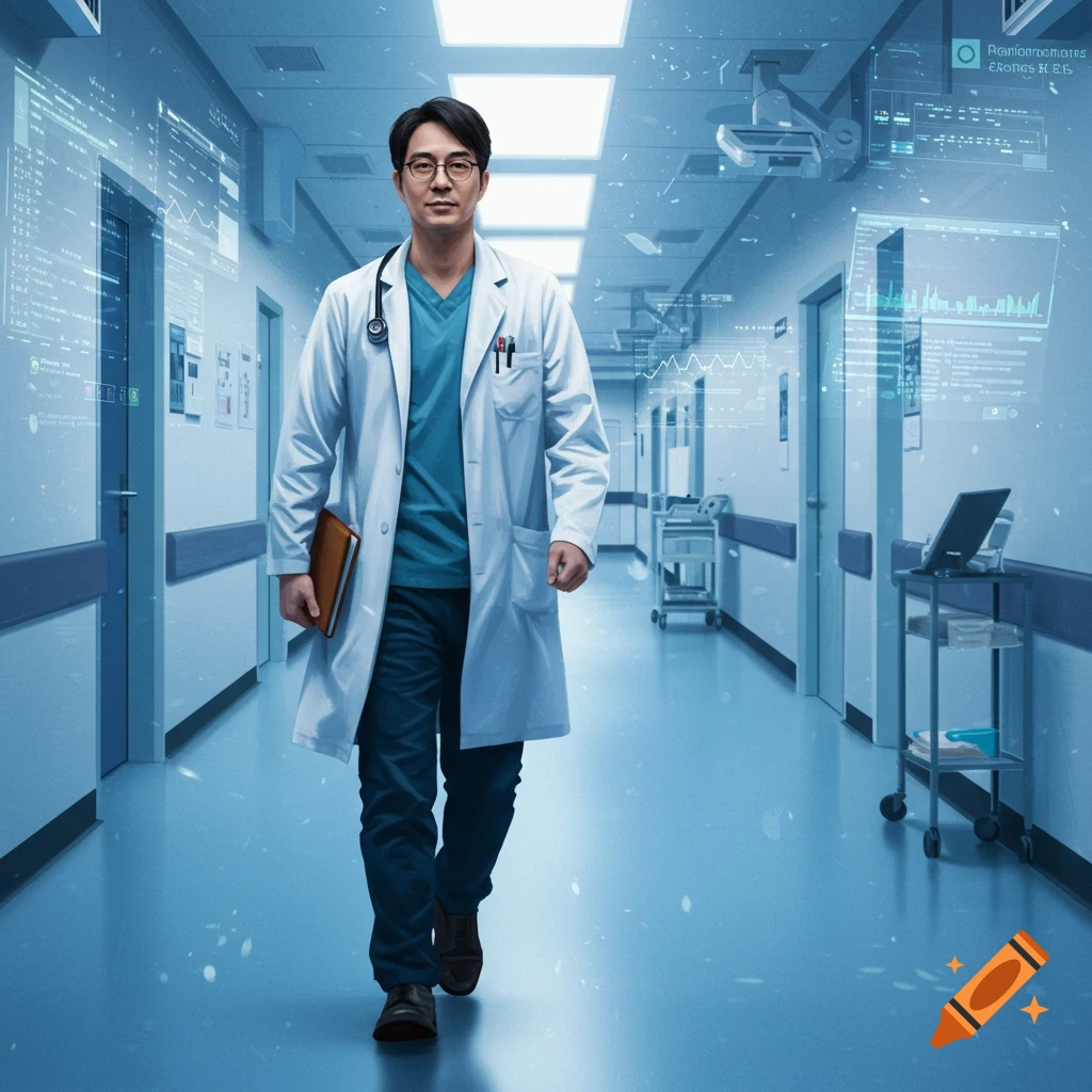 A male doctor in a white lab coat walks down a futuristic hospital hallway with glowing screens.