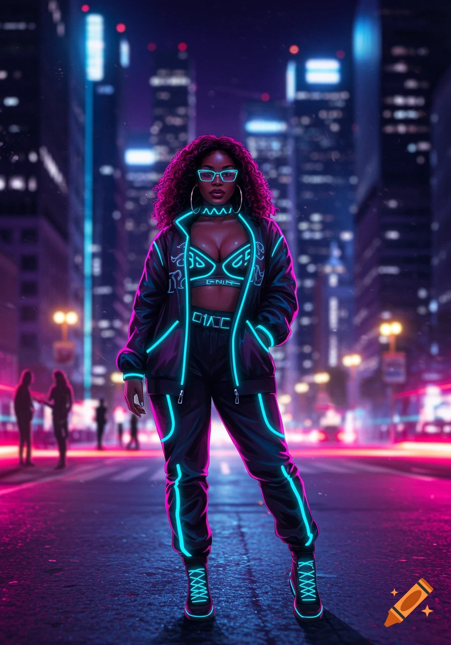 An African-American woman in neon-accented futuristic streetwear stands on an urban street at night with a city skyline in the background, digital art style.
