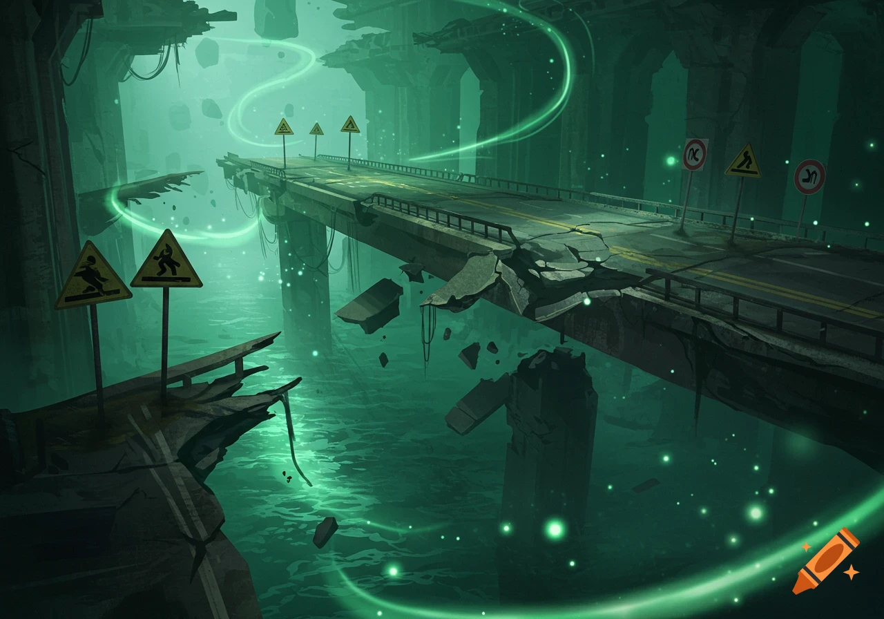 A crumbling concrete bridge hangs over a glowing green, murky void. Several traffic signs are scattered around the broken structure, and green light swirls.
