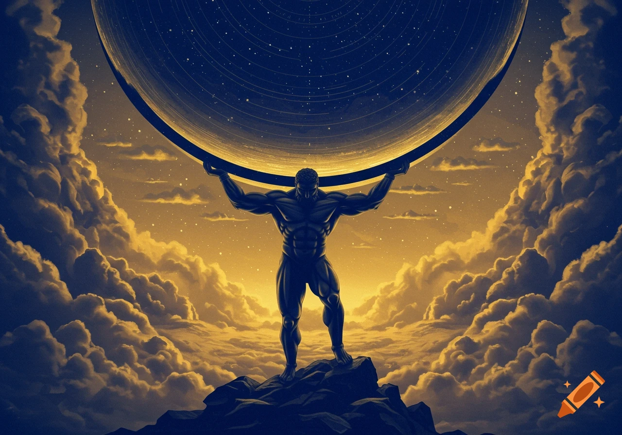 Atlas, a muscular figure, holds a celestial sphere against a dramatic sky with golden clouds and a dark blue cosmos.