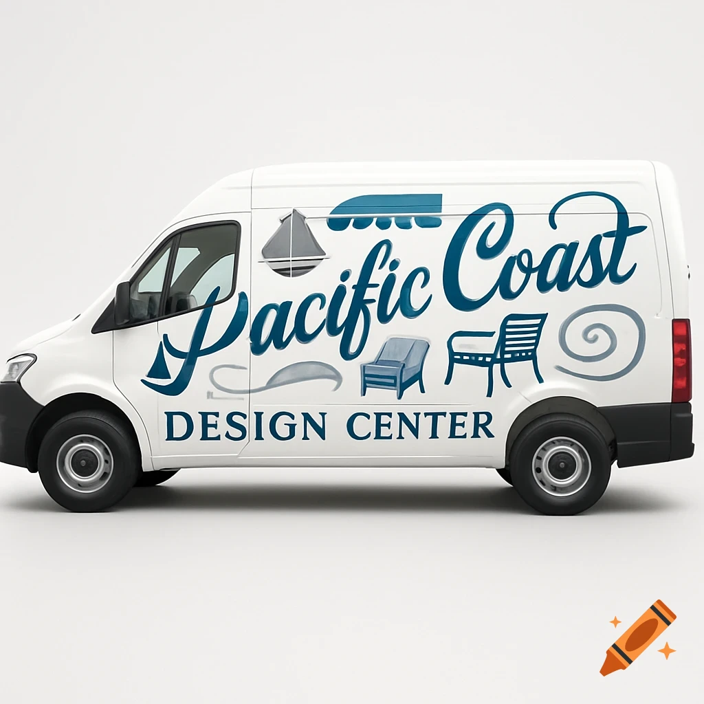 A white delivery van featuring the blue 'Pacific Coast DESIGN CENTER' logo with illustrations of a sailboat, chair, and bench.