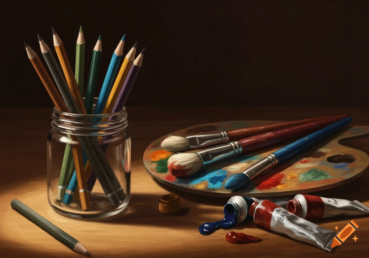A still life painting depicting colorful pencils in a glass jar, paintbrushes, an artist's palette with paint, and paint tubes on a wooden surface in a softly lit room.