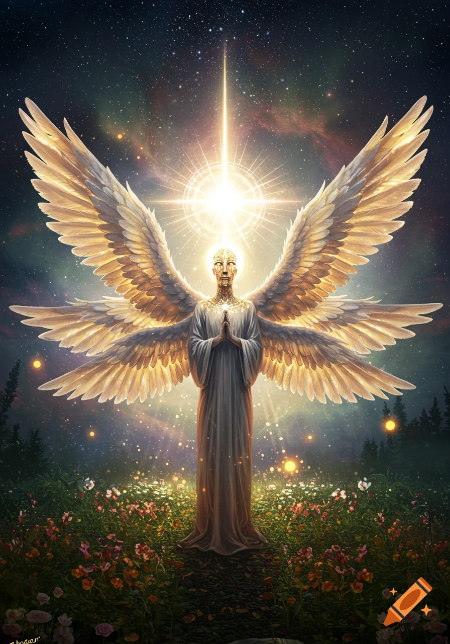 An ethereal angelic figure with multiple golden wings stands in a field of colorful flowers under a starry night sky, emanating a bright light.