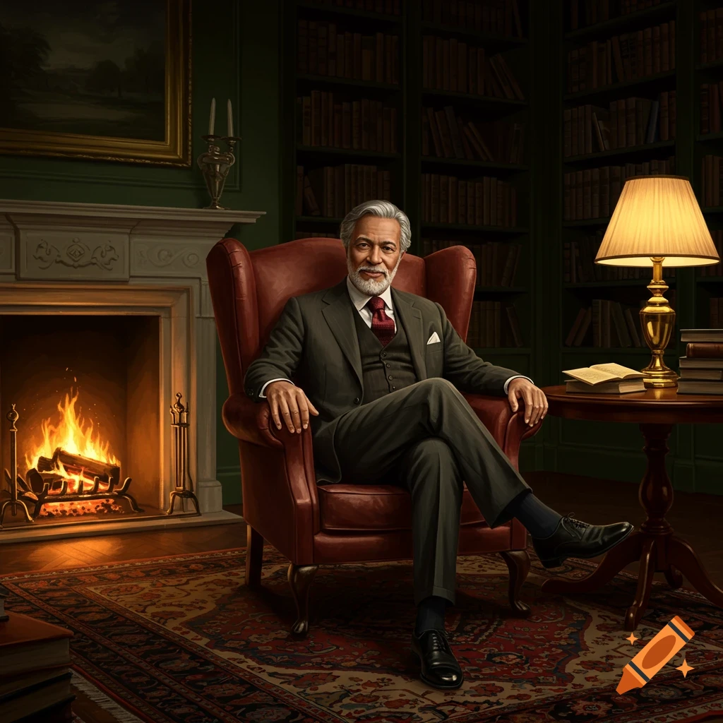 A smiling older man with grey hair sits in a red armchair by a fireplace in a dark library.